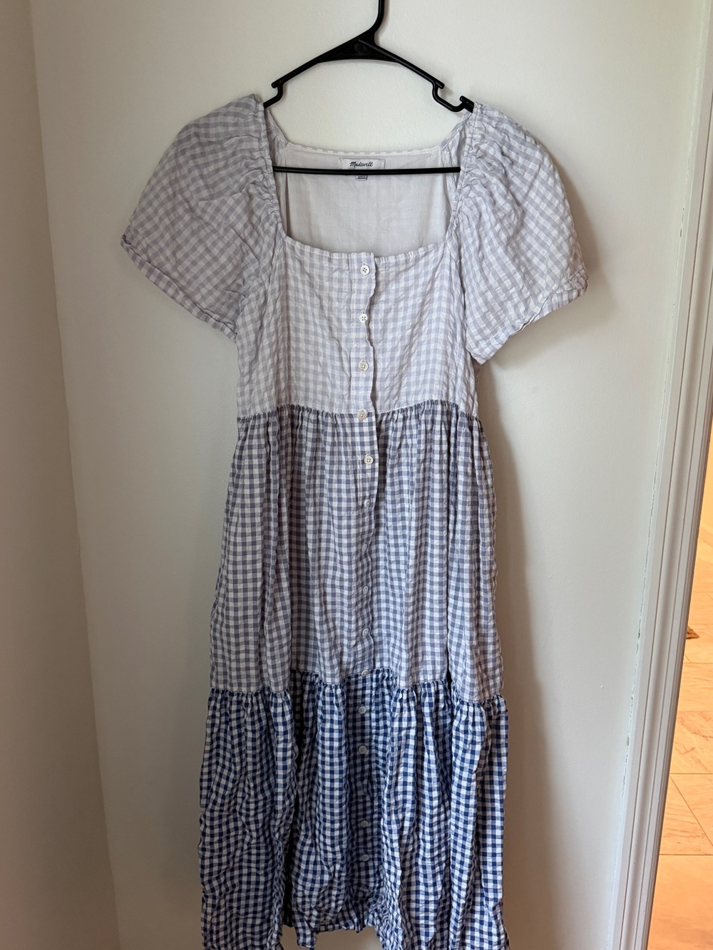 Madewell Patchwork Gingham Button-Front Tiered Midi Dress XS - Picture 4 of 5